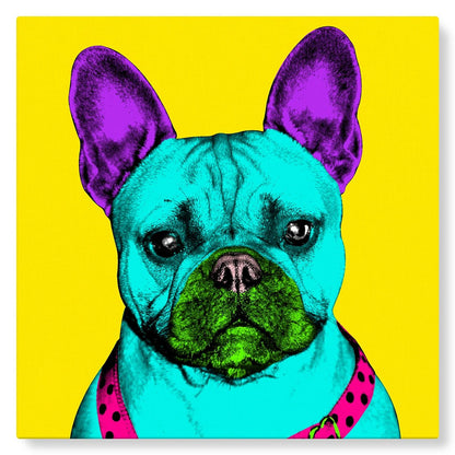 Chien bulldog en Pop Art sur fond jaune flashy - Studio Pop Art